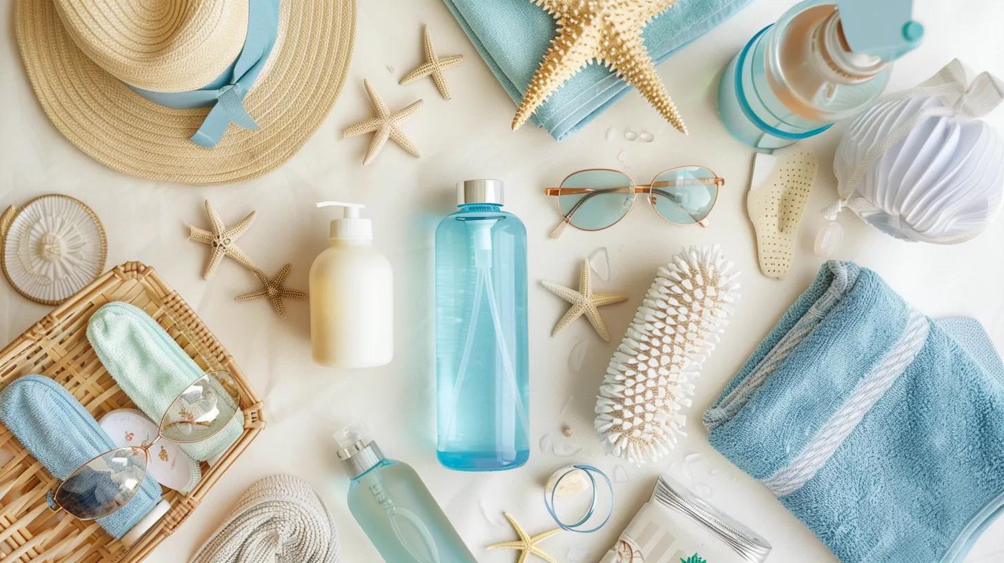 Flat lay of essential packing items for a yacht bachelorette party including sunscreen, sunglasses, and swimwear
