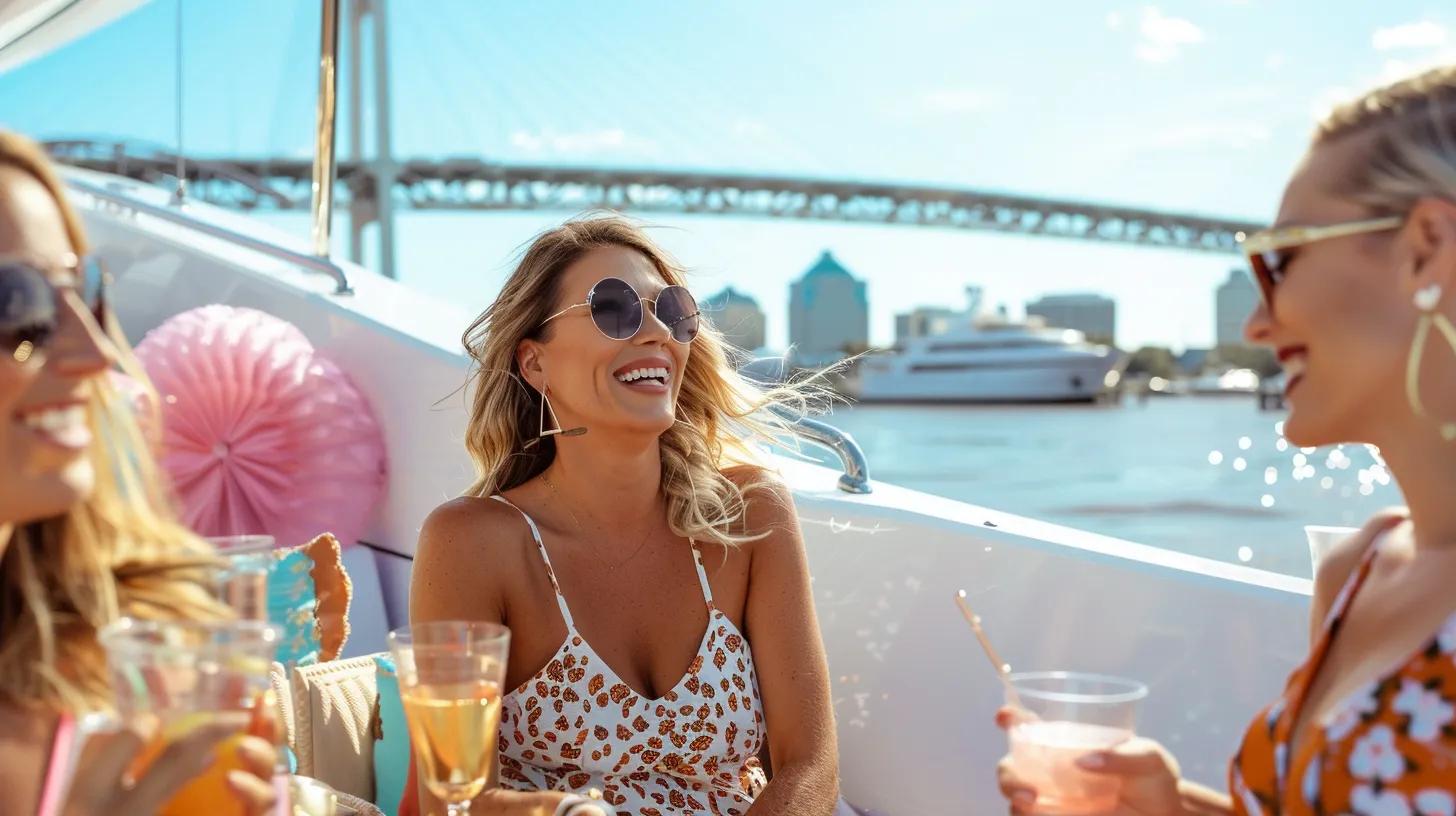 Group of friends celebrating a bachelorette party on a yacht in Charleston with skyline in the background