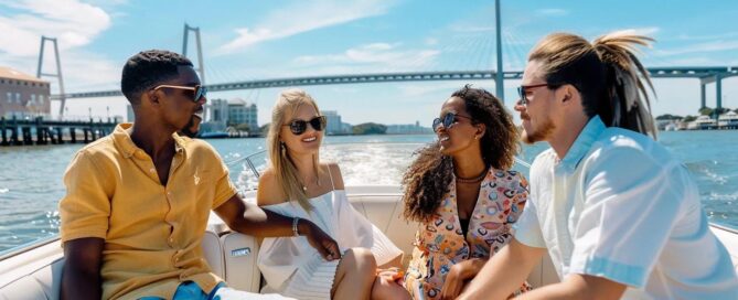 Group discussing customizable itineraries on a private boat charter in Charleston