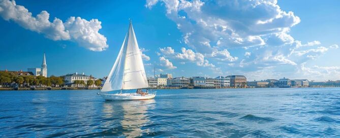 Sailing charter in Charleston with a sailboat on the water and historic waterfront views
