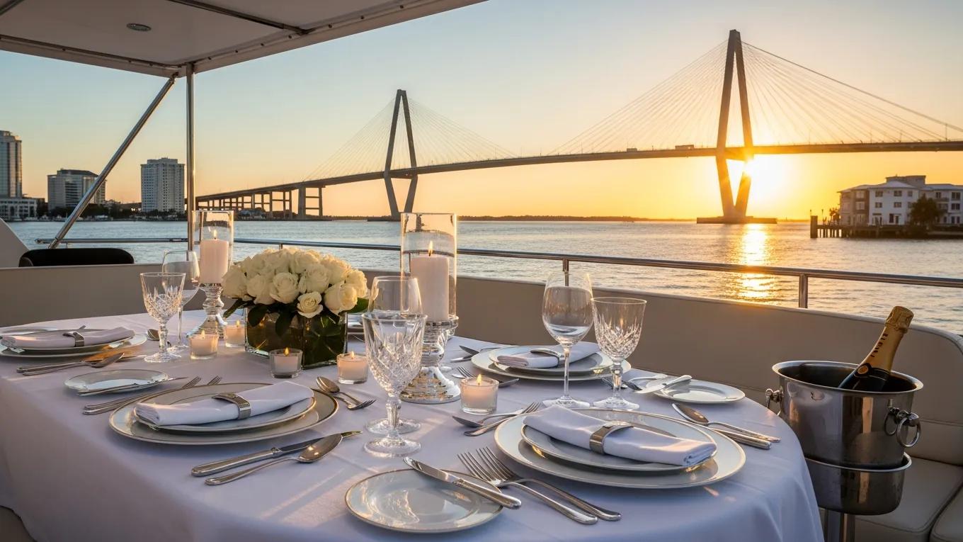 Luxury yacht dining setup for a romantic boat tour in Charleston