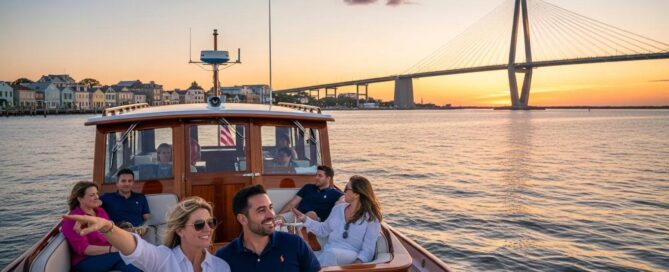 Private boat tour in Charleston Harbor with passengers enjoying the scenic views