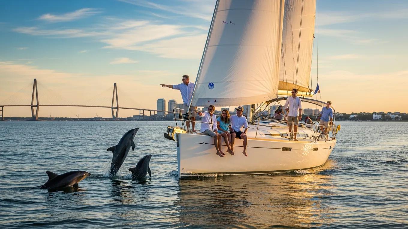 Blue Life Charters | Dolphin Watching in Charleston Harbor: A Guide to Spotting Wildlife on a Private Sailing Charter Guests enjoying a private sailing charter in Charleston Harbor with dolphins nearby