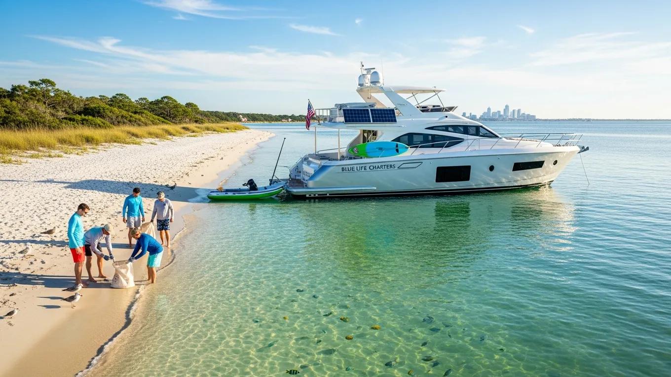 Blue Life Charters yacht anchored near a beach with eco-friendly practices in action