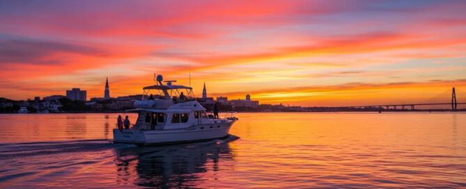 Boat cruising in Charleston harbor at sunset, highlighting the beauty of Charleston boat charters