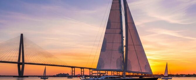 Luxury yacht sailing in Charleston Harbor at sunset, representing private yacht charters and sailing experiences