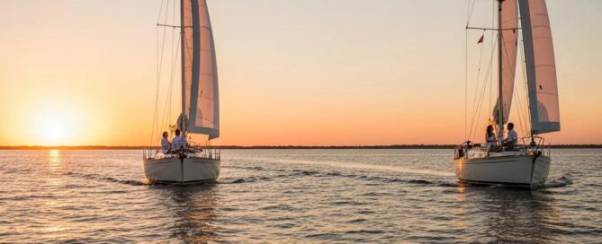 Couple enjoying a romantic sunset boat ride in Charleston Harbor