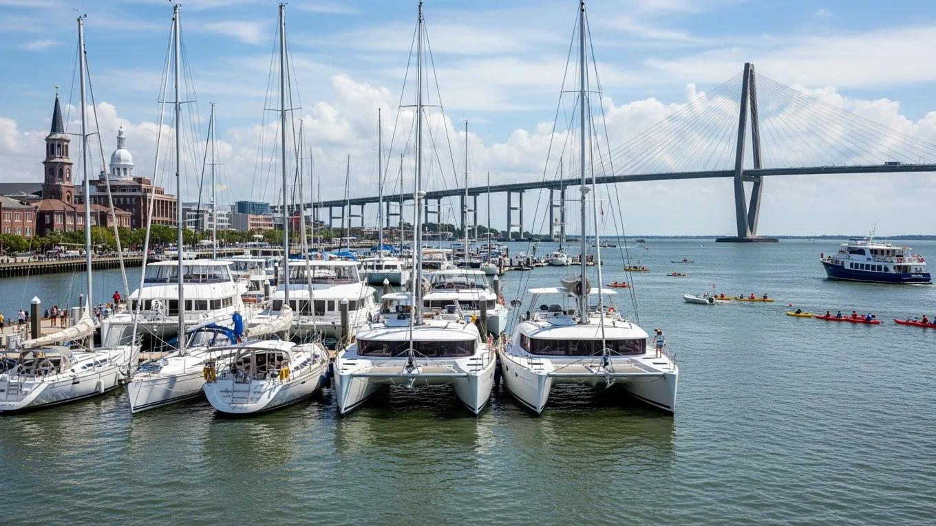 Diverse fleet of sailboats and catamarans in Charleston Harbor, representing private sailing tours in Charleston