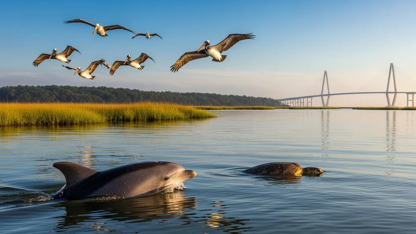 Blue Life Charters | Dolphin Watching in Charleston Harbor: A Guide to Spotting Wildlife on a Private Sailing Charter Dolphin and sea turtle in Charleston Harbor with pelicans flying overhead