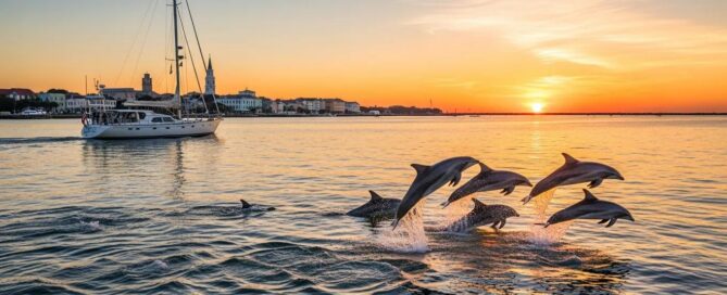 Dolphins leaping in Charleston Harbor with a private sailing yacht at sunset