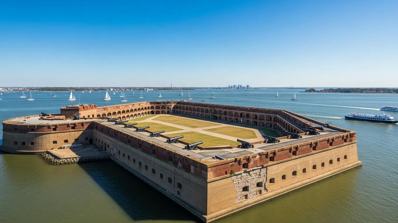Fort Sumter historical landmark in Charleston Harbor with clear blue sky