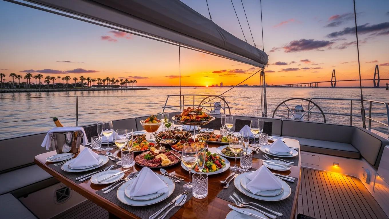 Elegant dining setup on a luxury yacht during sunset, highlighting gourmet catering and luxury sailing experiences