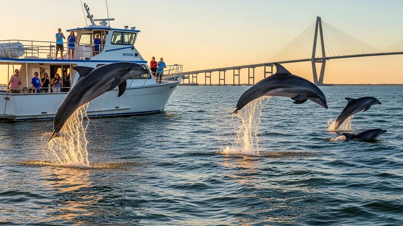 Dolphins jumping in Charleston Harbor during a wildlife observation tour