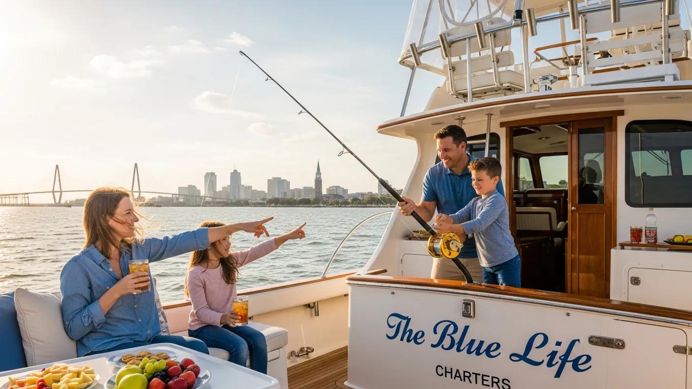 Family enjoying a private yacht charter with Charleston skyline in the background, representing Blue Life Charters
