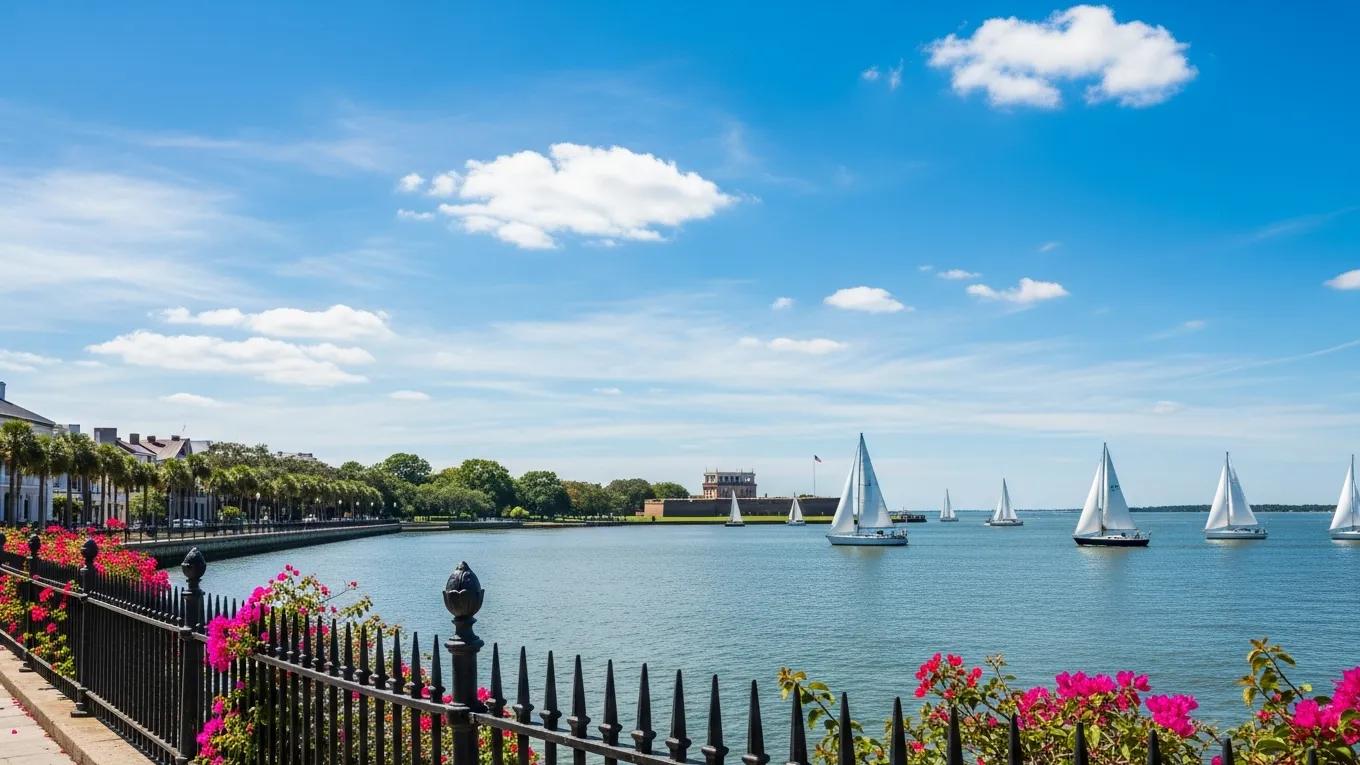 Fort Sumter and Battery promenade with sailboats in Charleston Harbor