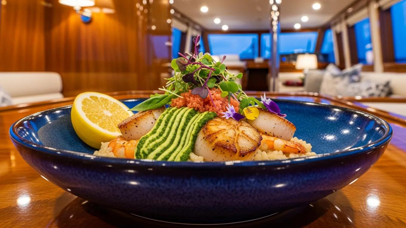 Gourmet dish showcasing fresh ingredients and artistic presentation on a luxury yacht