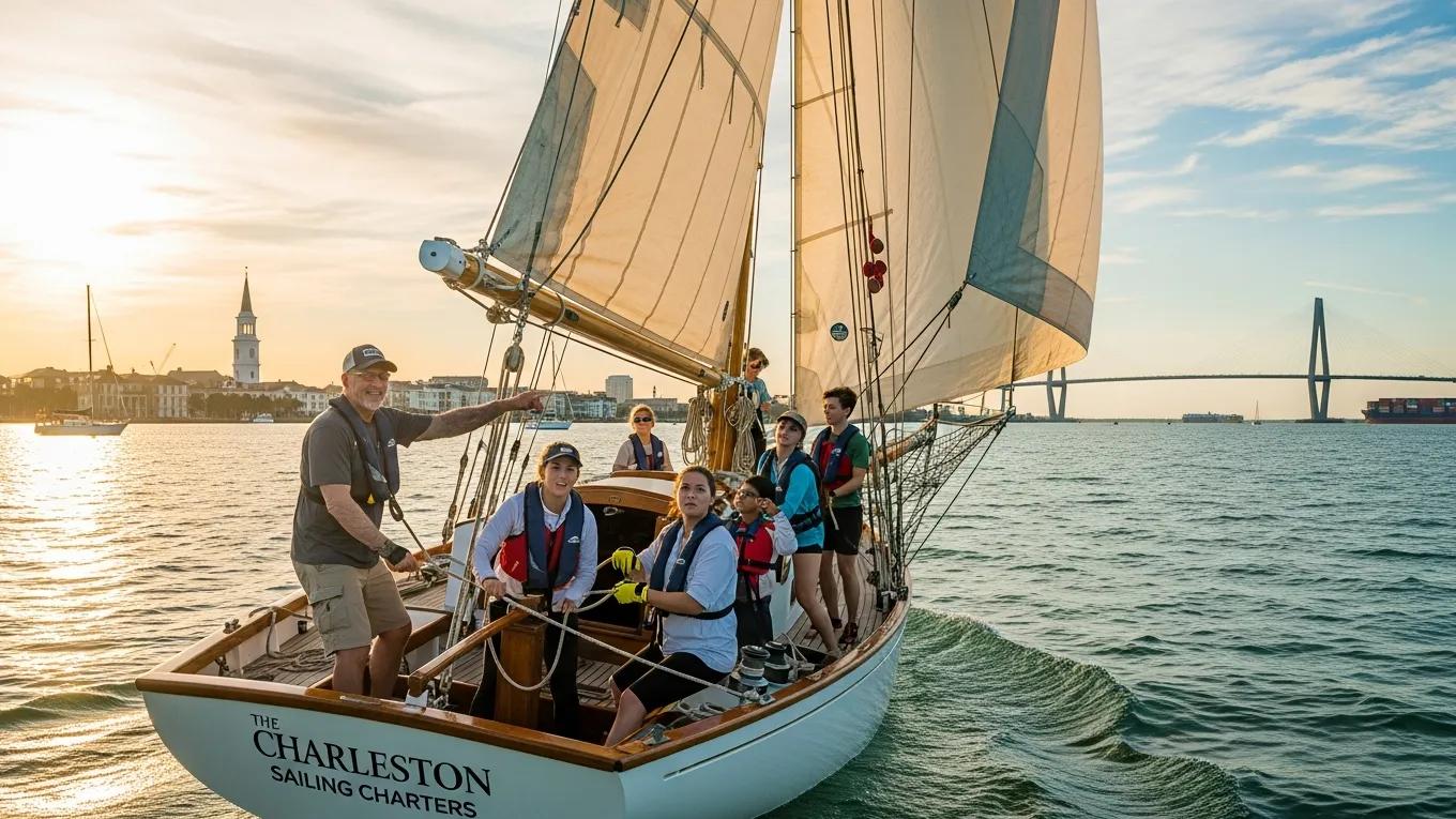 Group learning to sail on a classic sailboat in Charleston, showcasing Charleston Sailing Charters