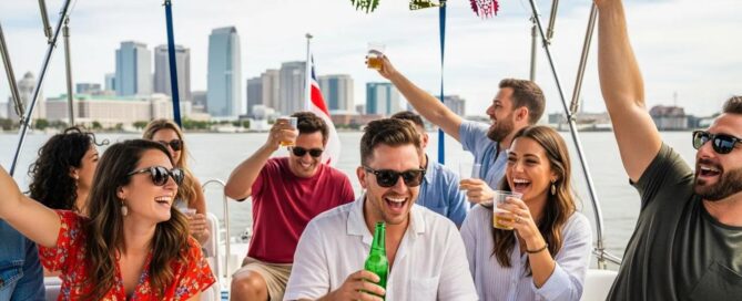 Group of friends celebrating on a BYOB party boat in Charleston Harbor with scenic views
