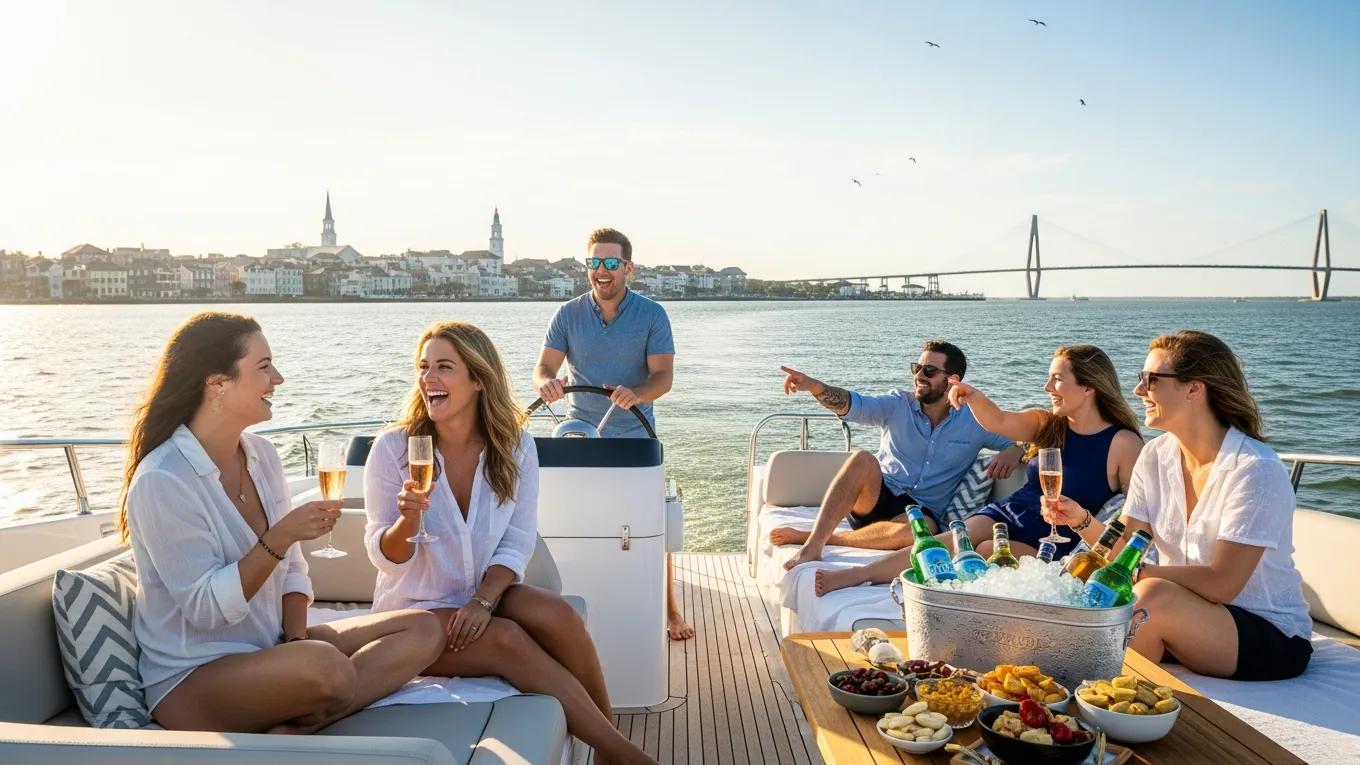 Group of friends enjoying a private yacht charter in Charleston, showcasing a personalized sailing experience