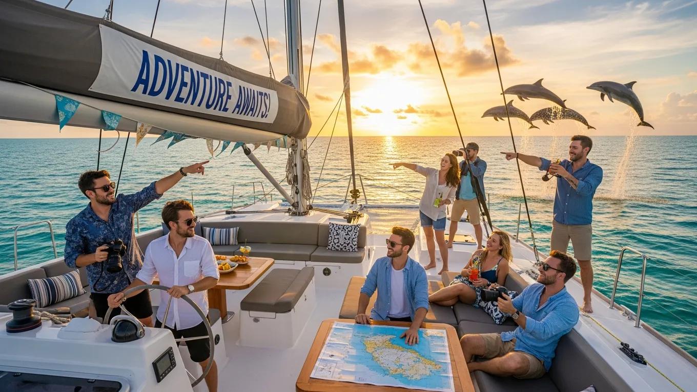 Group of friends on a private yacht with dolphins during a customized sailing tour