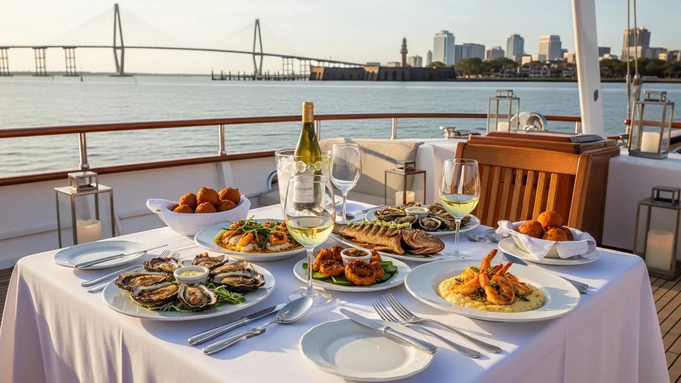 Intimate yacht dining setup with seafood and Southern cuisine against Charleston's landmarks