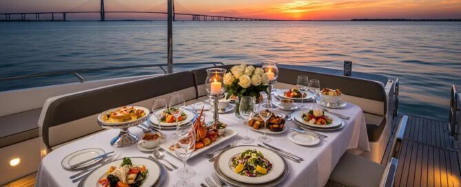 Luxury yacht dining experience with gourmet meals and sunset views in Charleston Harbor
