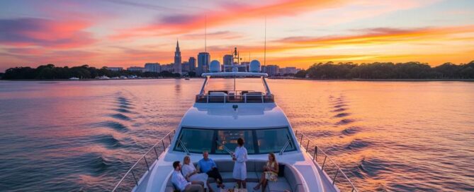 Luxury yacht sailing in Charleston Harbor at sunset, representing private boat tours in Charleston SC