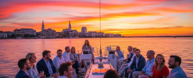 Luxury yacht sailing in Charleston Harbor at sunset with happy guests onboard