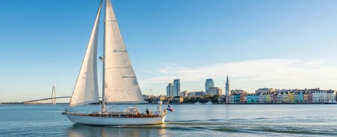 Private sailing yacht in Charleston Harbor with skyline and historic architecture