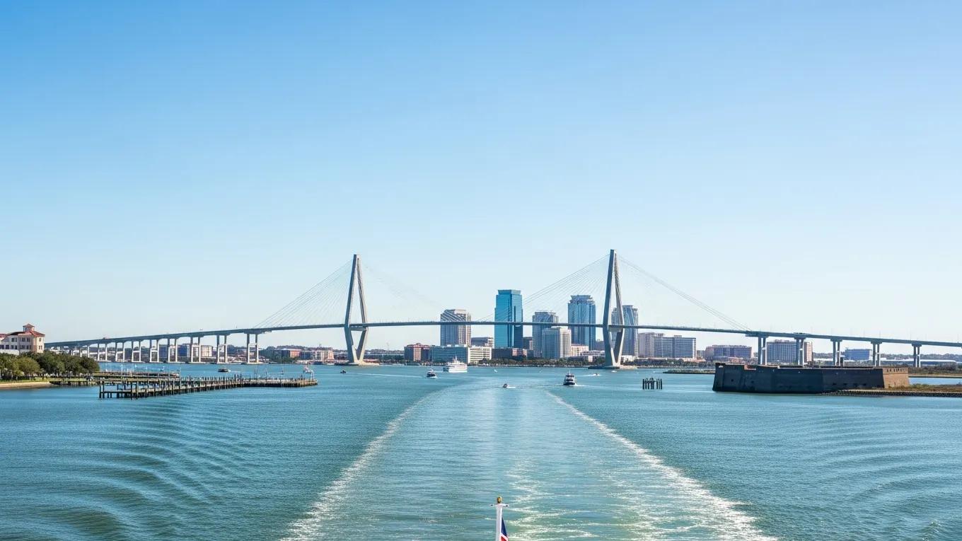 Scenic view of Charleston Harbor with iconic landmarks visible from a private party boat