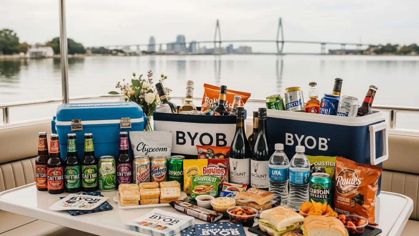 Table set with drinks and snacks on a party boat in Charleston Harbor, showcasing the BYOB experience